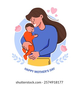 Sweet moment of a mother smiling while holding her newborn on white background, ideal for Mother's Day cards.