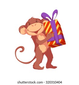 Sweet monkey with gift for 2016 New Year. Vector illustration.