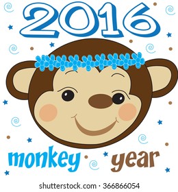 sweet monkey head with stars and dots and curls vector illustration