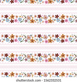 Sweet mood of Liberty small flowers with polka dots pink lace horizontal stripe seamless pattern ,meadow Floral background for textile, fabric, covers, wallpapers, and all prints on white