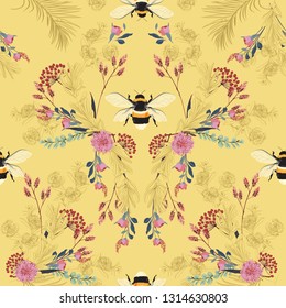 Sweet mood in pastel Vintage botanical blooming garden flowers unfinished line drawing with  bees seamless pattern vector design for fashion,fabric,wallpaper,and all prints on light yellow background