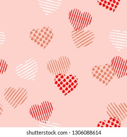 Sweet mood seamless Pattern fill in the heart shape with stripe ,polka dots in hand painting brush for valentines,design for fashion,fabric,web,walppaper and all prints on light pink background color