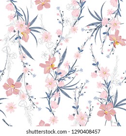 Sweet mood seamless pattern of garden many kind of botanical plants,flowers,orchid ,floral design for fashion,fabric,wallpaper,web and all prints on white  background color