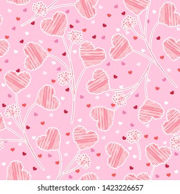Sweet mood and tone of Vector seamless pattern, hand doodle sketch hearts with small mini heart. Can be used for wallpaper, pattern fills, web page background, textures on light pink background color