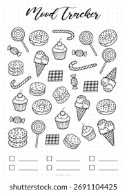 sweet mood tracker Bullet Journal Printable Planner Page Template, Vector Illustration, A4 and A5 Sizes, Hand Drawn Doodle Style. Planner pages bullet journal A5 A4 format..