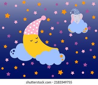 Luna dulce y elefante bebé están durmiendo en las nubes. Caricatura para invitación, impresión y tarjeta de saludo. Tema de canciones de cuna. Fondo infantil con luna, estrellas, nubes. Ilustración del vector