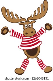 Sweet moose with a striped sweater and big antler wants to cuddle. Great gift idea for Christmas, Santa Claus, winter and Advent. 