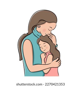 Sweet mother holds her little daughter. Mom embraces her child. Motherhood concept. International Mother’s Day. Vector illustration for mothers day in sketch hand drawn style