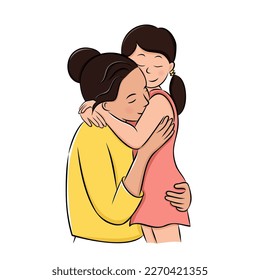 Sweet mother holds her little daughter. Asian mom embraces her child. Motherhood concept. International Mother’s Day. Vector illustration for mothers day in sketch hand drawn style