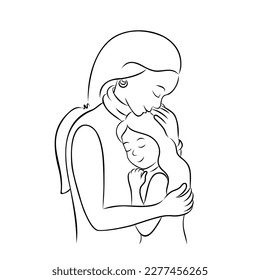 Sweet mother holds her little daughter. Mom embraces her child. Motherhood concept. International Mother’s Day. Vector contour illustration in sketch hand drawn style