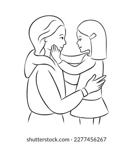 La dulce madre sostiene a su pequeña hija. La madre escandinava abraza a su hijo. Concepto de maternidad. Día Internacional de la Madre. Ilustración del contorno del vector en el estilo dibujado a mano