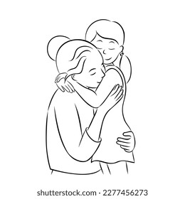 Sweet mother holds her little daughter. Asian mom embraces her child. Motherhood concept. International Mother’s Day. Vector contour illustration in sketch hand drawn style