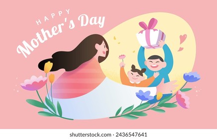 Sweet Mothers Day card. Children bringing gift and flower to mom on light pink background