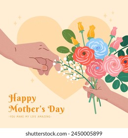 Sweet Mothers Day card with hands passing flowers on love shape beige background