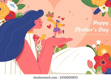 Sweet Mother's Day card. Little girl in mom's palm on blooming flowers background.