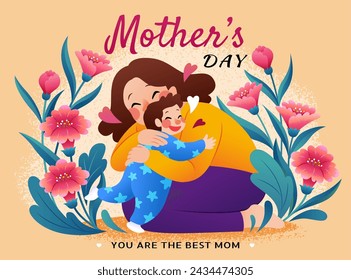 Sweet Mothers Day poster with mom hugging son on beige background with carnation flowers.