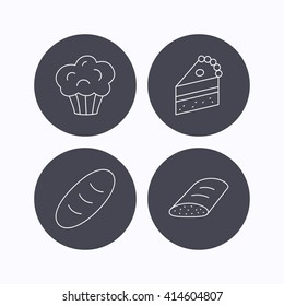 Sweet muffin, cake and bread icons. Piece of cake linear sign. Flat icons in circle buttons on white background. Vector
