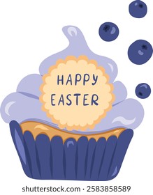 Sweet muffin for happy Easter with berry. Vector illustration, bright color and tasty cake. Purple blueberry muffin