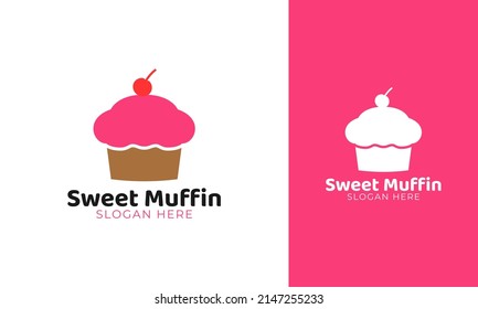 Sweet muffin logo design. Cupcake with a cherry icon for cake store. Pastry icon