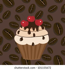 Sweet muffin on a coffee background, vector