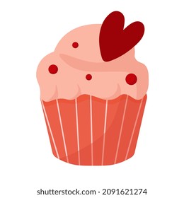 Sweet muffin. Strawberry muffin with heart. Love and Valentine's Day concept. Illustration isolated on white background. 