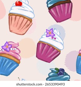 Padrão de bolinhos doces com cupcakes diferentes. Desenho de mão, padrão vetorial com textura lápis e cores pastel interessantes. 