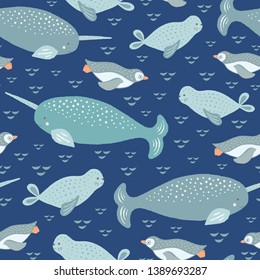 Sweet narwhal, penguin and seal seamless repeat pattern. Vector ocean creature design ideal for children.