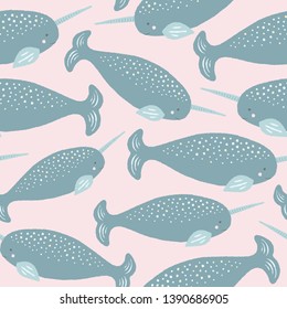 Sweet narwhal seamless repeat pattern in grey and pink. Vector ocean creature design ideal for children.