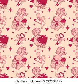 A sweet and naughty seamless pattern with winged mischief angels and lovely girls. Pink, ivory white, and scarlet tone background with a flirty coquette vibe.