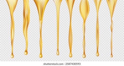 Sweet nectar from flowers blossom flowing, isolated realistic oil liquid steams set. Vector organic and natural production, beekeeping and apiary, apiculture and high quality product