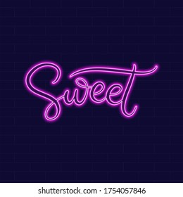 Sweet Neon sign with lettering on dark background vector illustration. Logo design template. Light banner, glowing neon signboard for advertising.