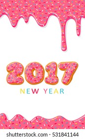 Sweet New Year 2017 from donuts. Donut's pink glaze. Seamless pattern.