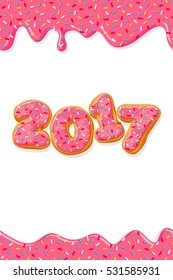 Sweet New Year. 2017 made of donuts. Donut pink glaze. Vector illustration..