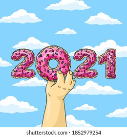 Sweet New Year 2021 from donuts, man holding cartoon donut with pink glaze against blue sky wish clouds.