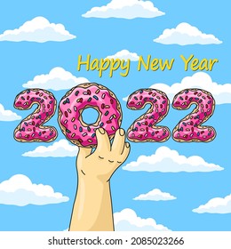 Sweet New Year 2022 from donuts, man holding cartoon donut with pink glaze against blue sky wish clouds.