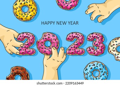 Sweet New Year 2023 from donuts, men holding cartoon donuts with pink, lemon, blue mint glaze, chocolate donut on blue background. Inscription Happy New Year. Greeting card