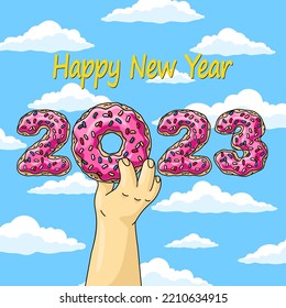 Sweet New Year 2023 from donuts, man holding cartoon donut with pink glaze against blue sky wish clouds.