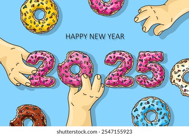 Doce Ano Novo 2025 de rosquinhas, homens segurando rosquinhas de desenho animado com rosa, limão, verniz azul esmalte, rosquinha de chocolate no fundo azul. Inscrição Feliz Ano Novo. Cartão comemorativo