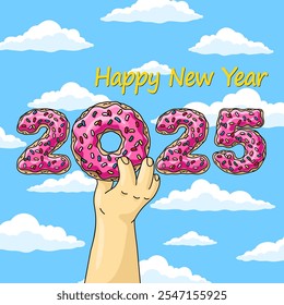 Sweet New Year 2025 from donuts, man holding cartoon donut with pink glaze against blue sky wish clouds.