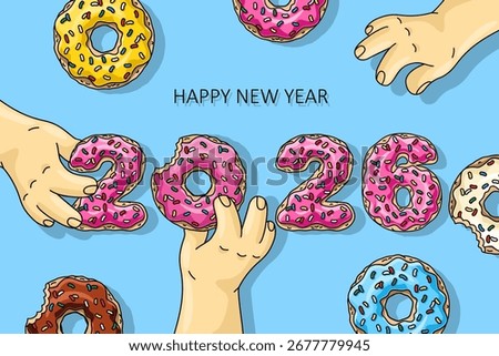 Sweet New Year 2026 from donuts, men holding cartoon donuts with pink, lemon, blue mint glaze, chocolate donut on blue background. Inscription Happy New Year. Greeting card