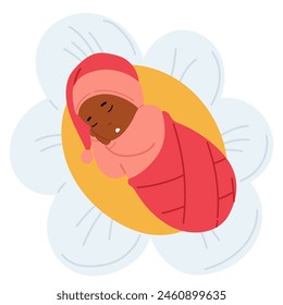 Sweet Newborn Baby Sleeps Peacefully, Wrapped Snugly In A Rosy Blanket And Cap, Embodying Comfort, Serenity And Innocence Of Early Life. Cozy, Heartwarming Delightful Scene of Peaceful Child Sleep