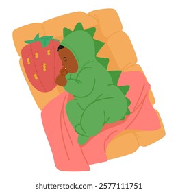 Sweet newborn baby wearing cute crocodile pajamas costume sleeping sucking thumb lying in bed cradle cartoon vector illustration. Peaceful time for infant kid, parenting and care of night sleep