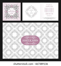 sweet nice light pink grey silver color vintage wedding invitation card and press wall design vector set