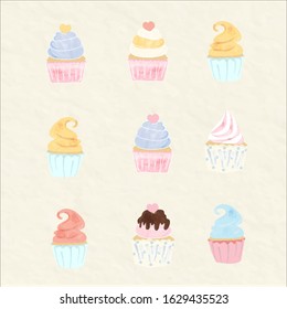 sweet nine cupcakes watercolor style put on white.cute dessert elements for bakery lover and bakery shop.many flavour of cream on muffin.decotare with chocolate heart sugar look so yummy.