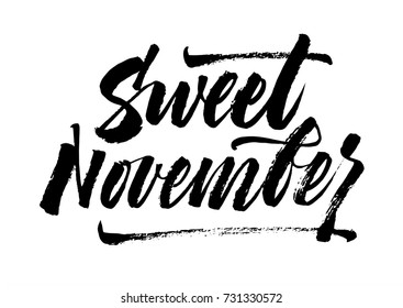 Sweet November. Hand written calligraphy brush-pen style lettering inscription. Black on white. Vector ink. Unique quote.