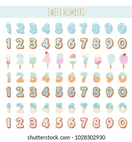 Sweet numbers set in pastel blue. Different textures - ice cream, chocolate, biscuit, lollipop.