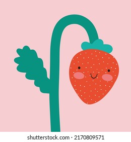 Sweet Nursery Vector Art with Cute Red Strawberry Isolated on a Pastel Pink Background. Simple Illustration ideal for Wall Art, Card, Poster. Kawaii Style Similng Berry.