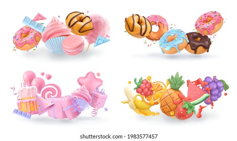 Sweet objects 3d vector cartoon. Cupcake, donuts, cake, fruits