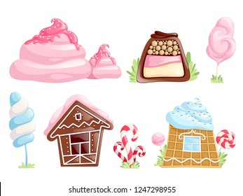 Sweet objects. Caramel chocolate candies fantasy elements for games cartoon desserts vector collection