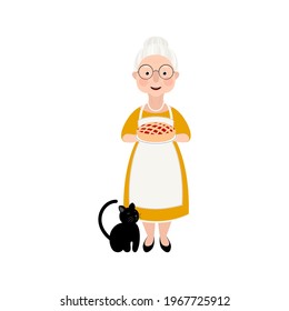 Sweet Old Lady With Wrinkles On Her Face And Gray Hair Stands And Holds Delicious Pie With Filling In Her Hands. Woman In Yellow Dress With Cat. Vector Stock Hand-drawn Illustration Isolated On White